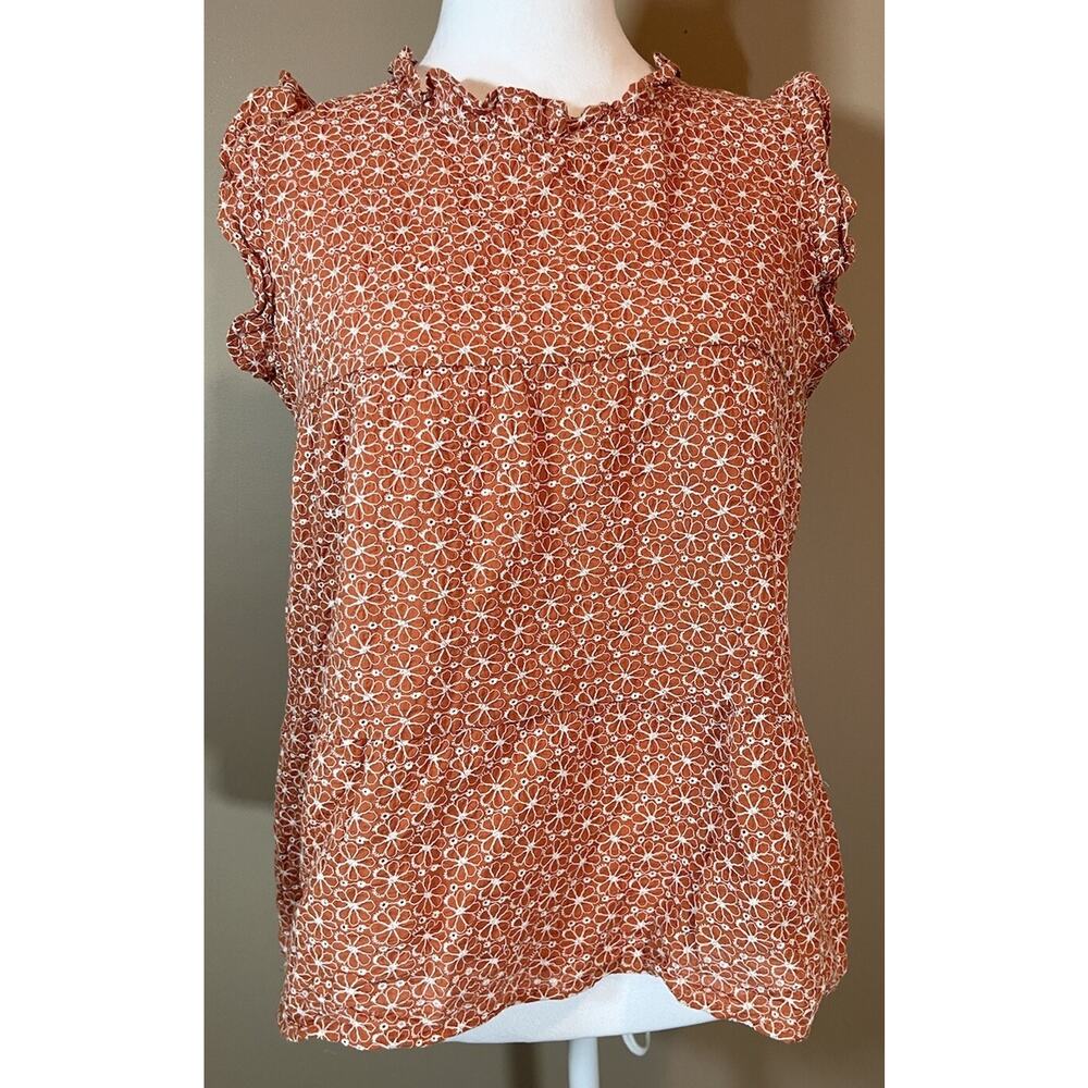 Kindred Women Orange Wht Cotton Eyelet Ruffle Tank Blouse L Cottagecore Prairie
